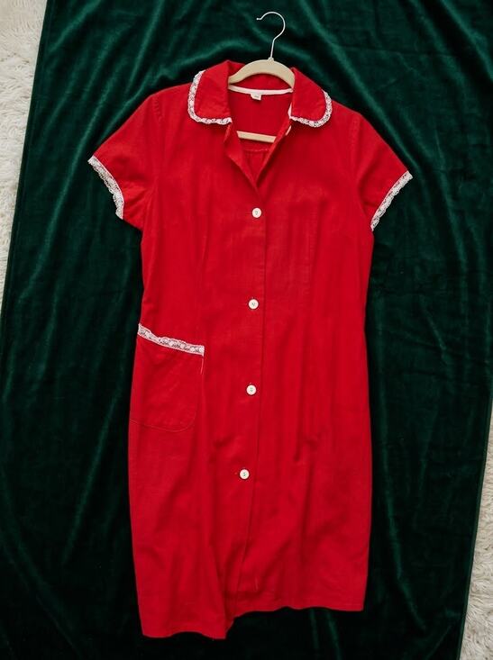 None and/or Unknown Other - Vintage Red Flannel Housecoat Button Front Lace Pocket Dress Small NWT
